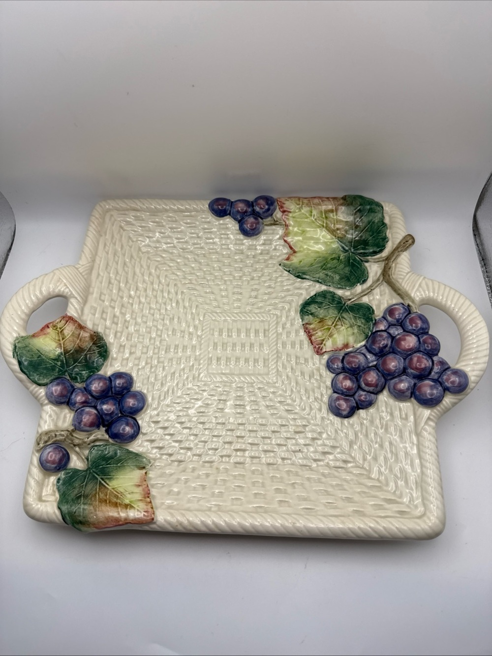 RETIRED FITZ & FLOYD IRONSTONE DOUBLE HANDLED BASKET WEAVE SQUARE PLATTER GRAPES